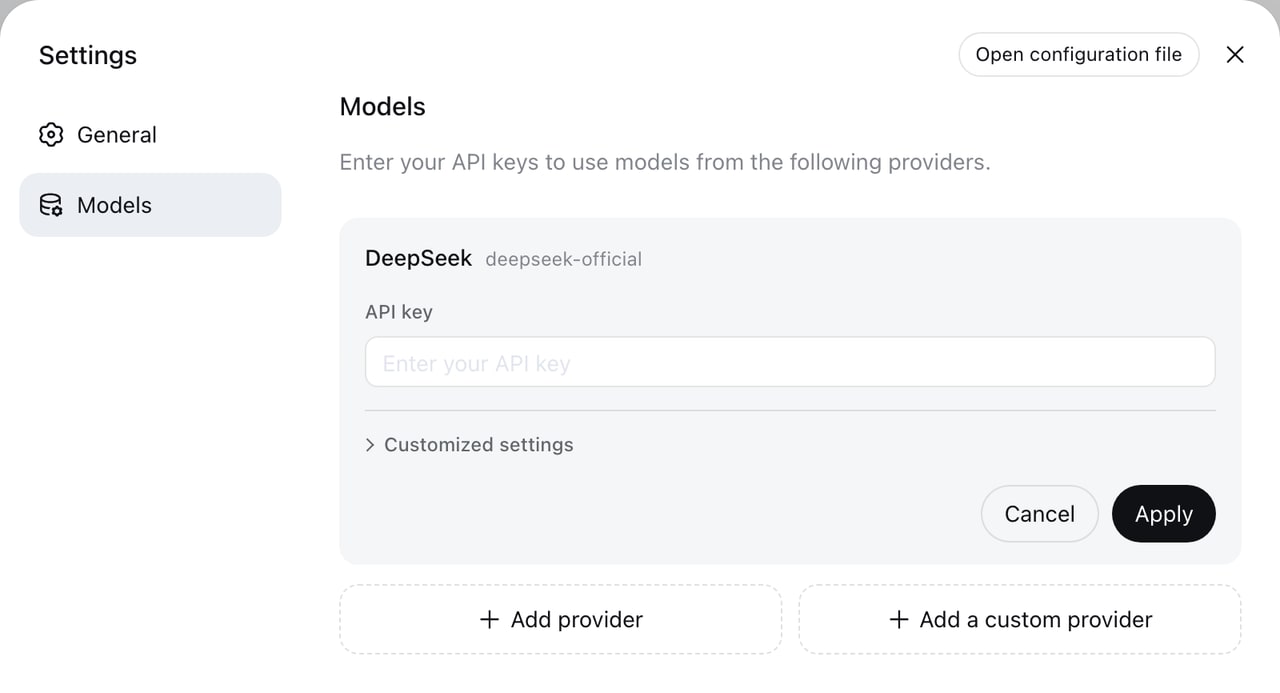 La pantalla de proveedores en la interfaz web de dsh: cada modelo entra como un plugin al que le pones tu clave, incluidos los que no son de DeepSeek. Imagen del repositorio oficial del proyecto.