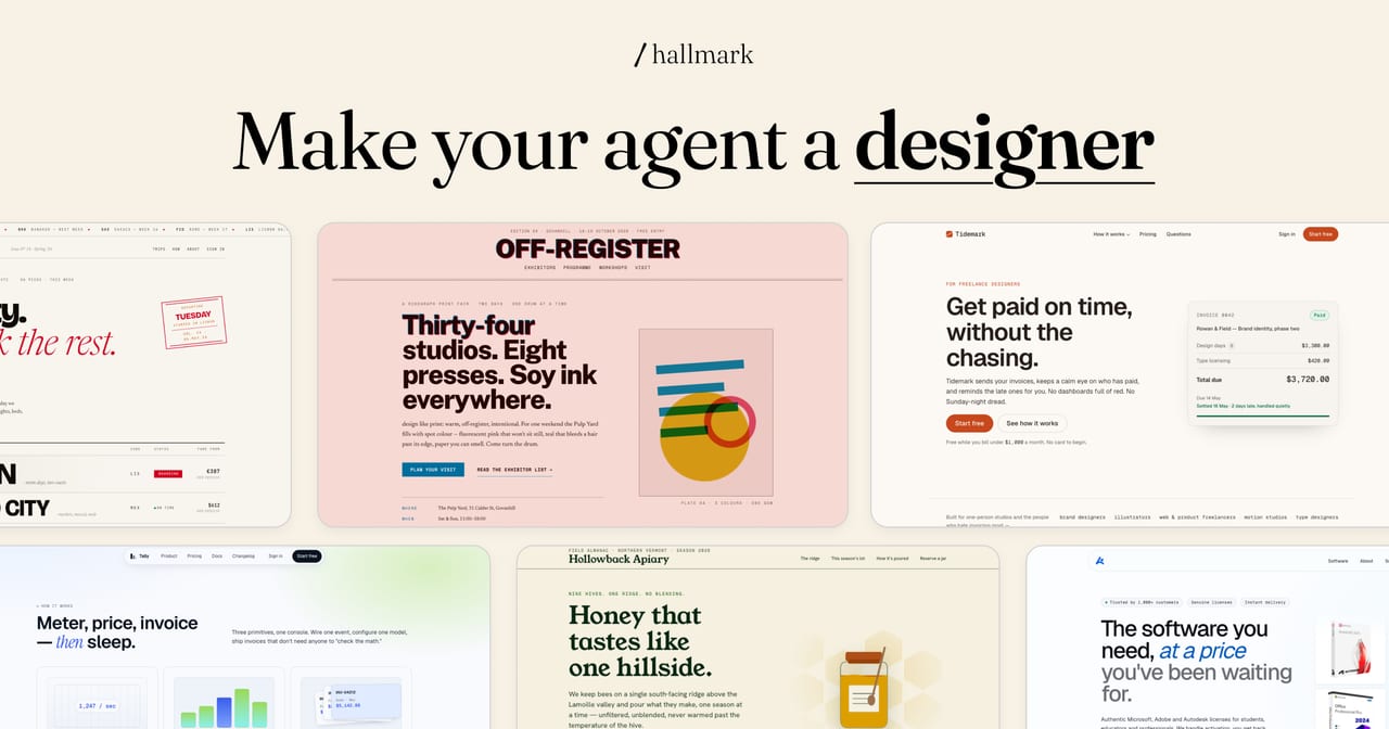 Seis páginas generadas con Hallmark a partir de encargos distintos: una feria de impresión, una herramienta de facturación, un apiario, una web de software. Ninguna se parece a otra. Imagen del repositorio oficial del proyecto.