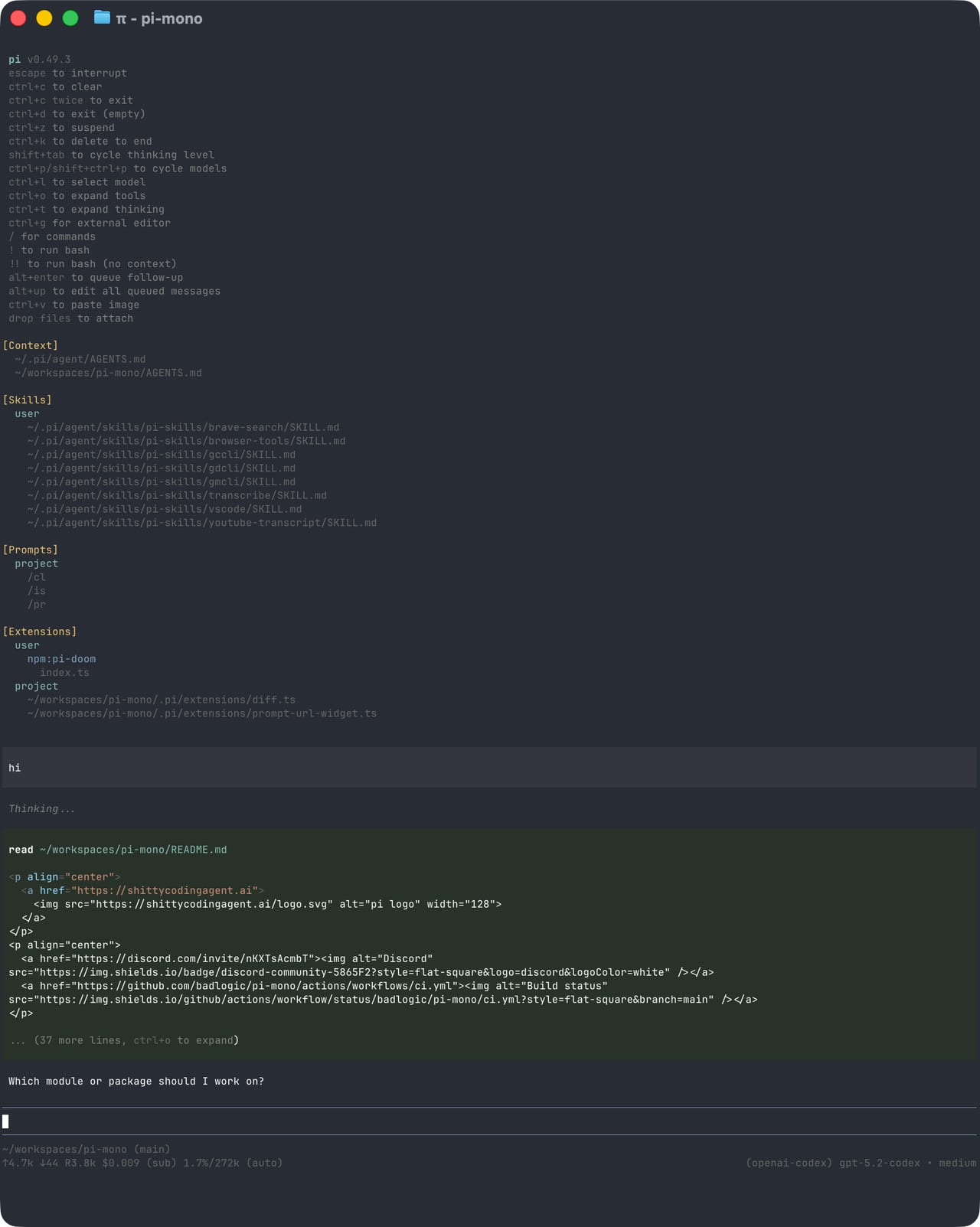 La CLI de Pi en modo interactivo. Imagen del repositorio oficial del proyecto.